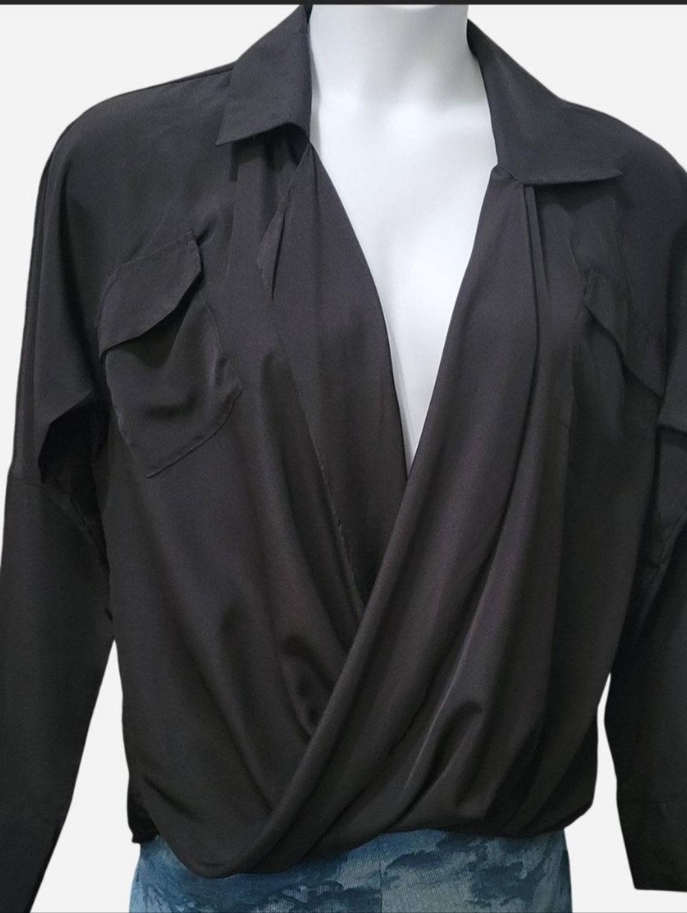 Women's Black Draped Wrap-Front Blouse with Collar